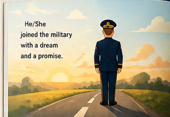 Illustrated storybook page: he joined the military with a dream and a promise