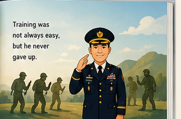 Illustrated storybook page: training was not always easy, but he never gave up