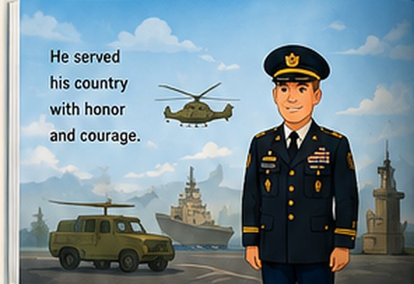 Illustrated storybook page: he served his country with honor and courage