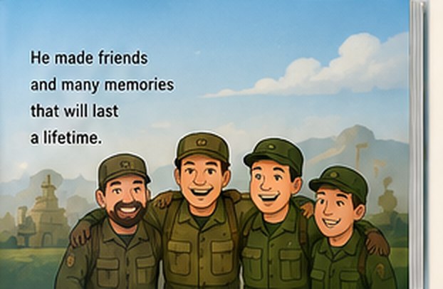 Illustrated storybook page: he made friends and memories that will last a lifetime
