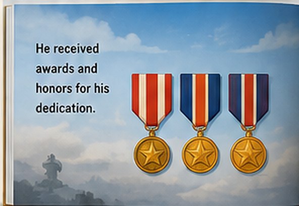 Illustrated storybook page: he received awards and honors for his dedication
