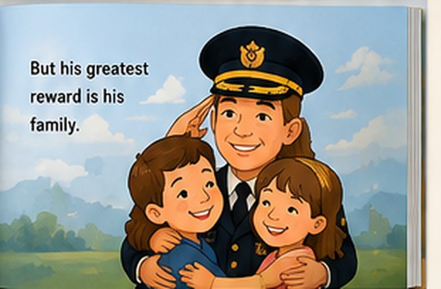 Illustrated storybook page: but his greatest reward is his family